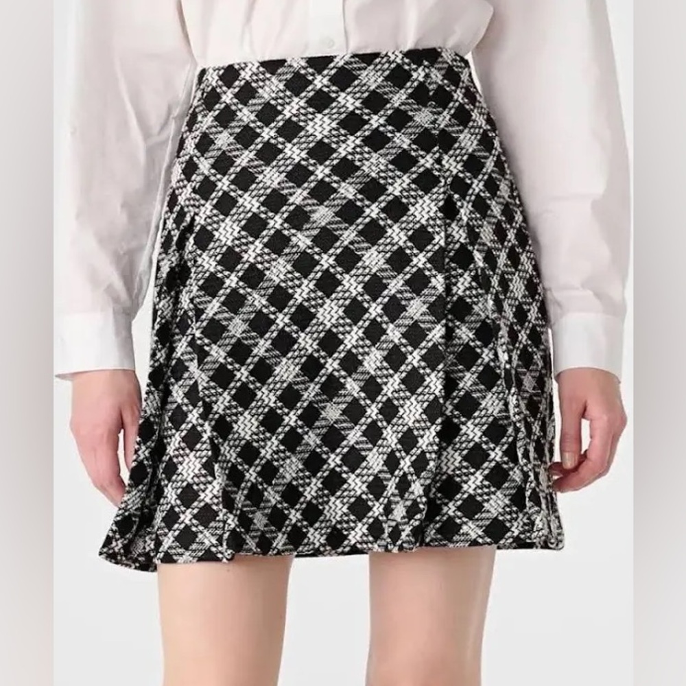 Karl Lagerfeld Paris Women Black/White Pleated Plaid Tweed Mini Skirt Sz 16 NWT